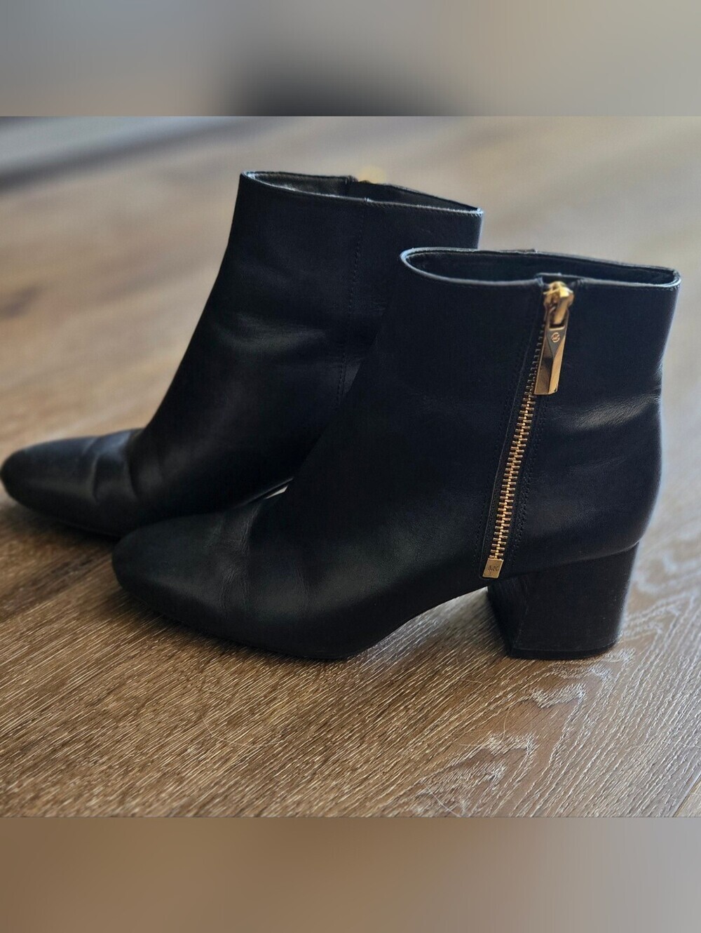 Michael Kors Black Leather Ankle Boots with Gold Zipper Detail- SIZE 5/6